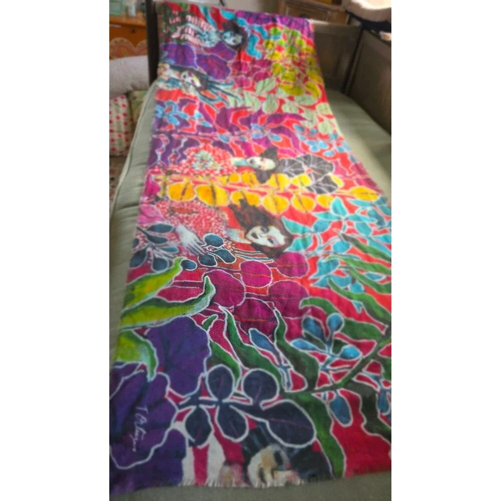 OAK KUNA Peru Baby Alpaca Silk Shawl Artist Signed Floral Wrap Wearable Art NWOT